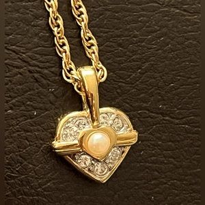 NINA RICCI vintage heart necklace w/ cubic zirconias and faux pearl.  Signature